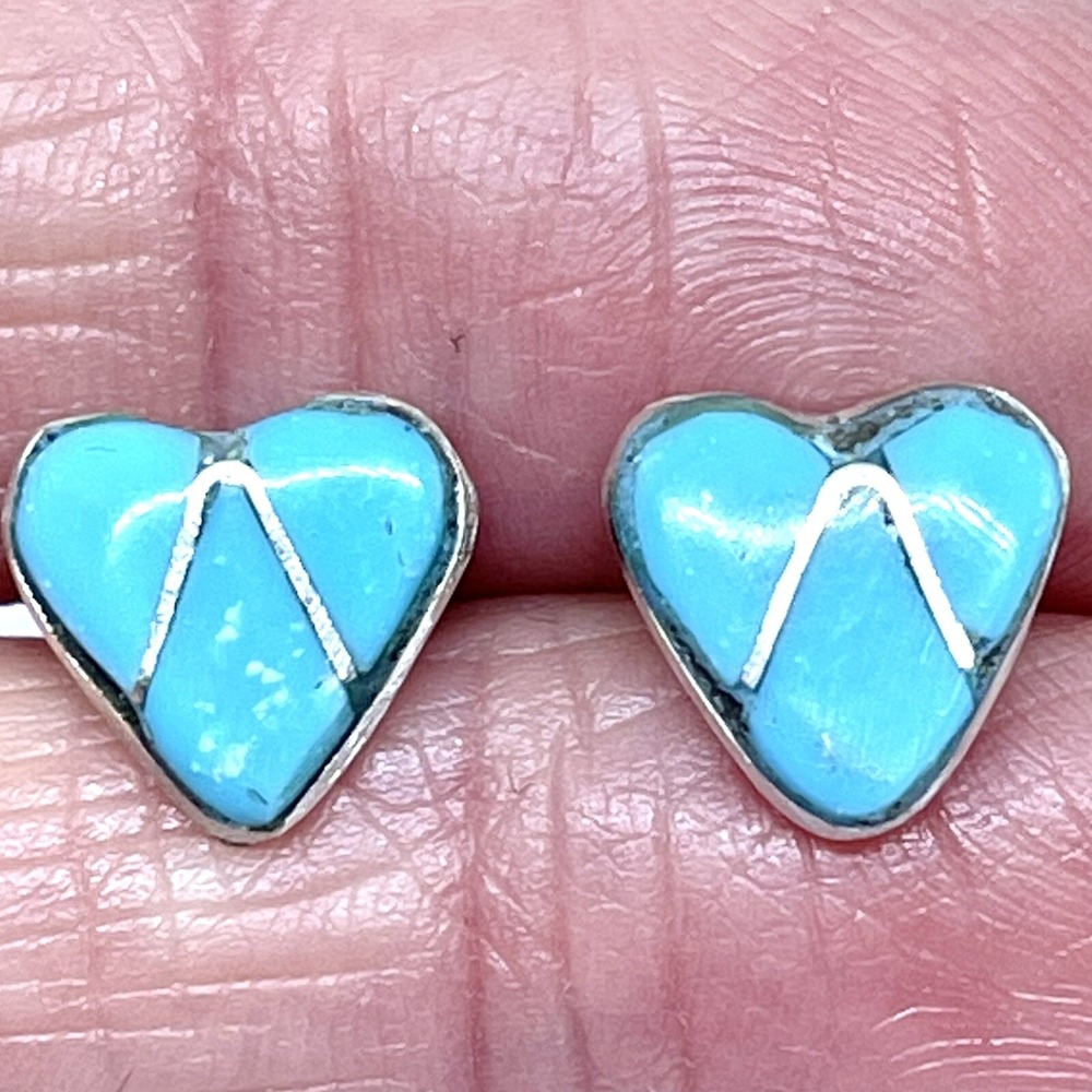 Zuni Heart Turquoise Stud Earrings Inlay 10mm Sterling 925 Native American Post